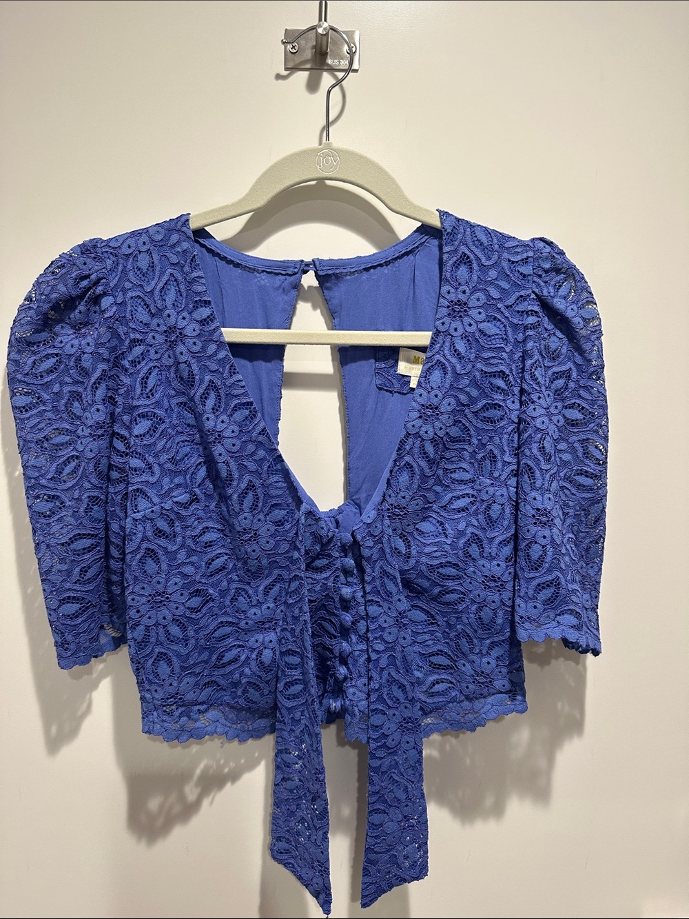 Maeve Cobalt Lace Tie-Front Puff Sleeve Blouse